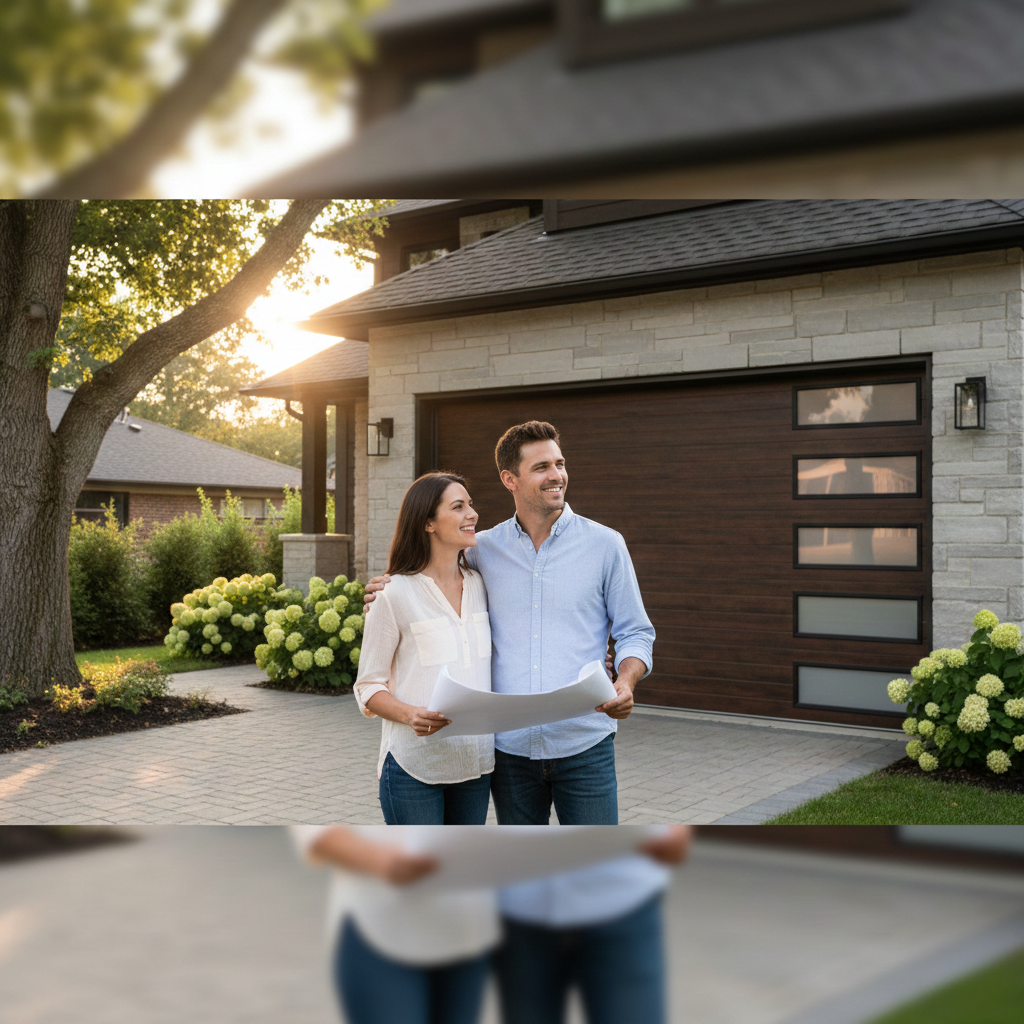Couple standing in their driveway, reviewing plans in front of a modern wooden garage door.