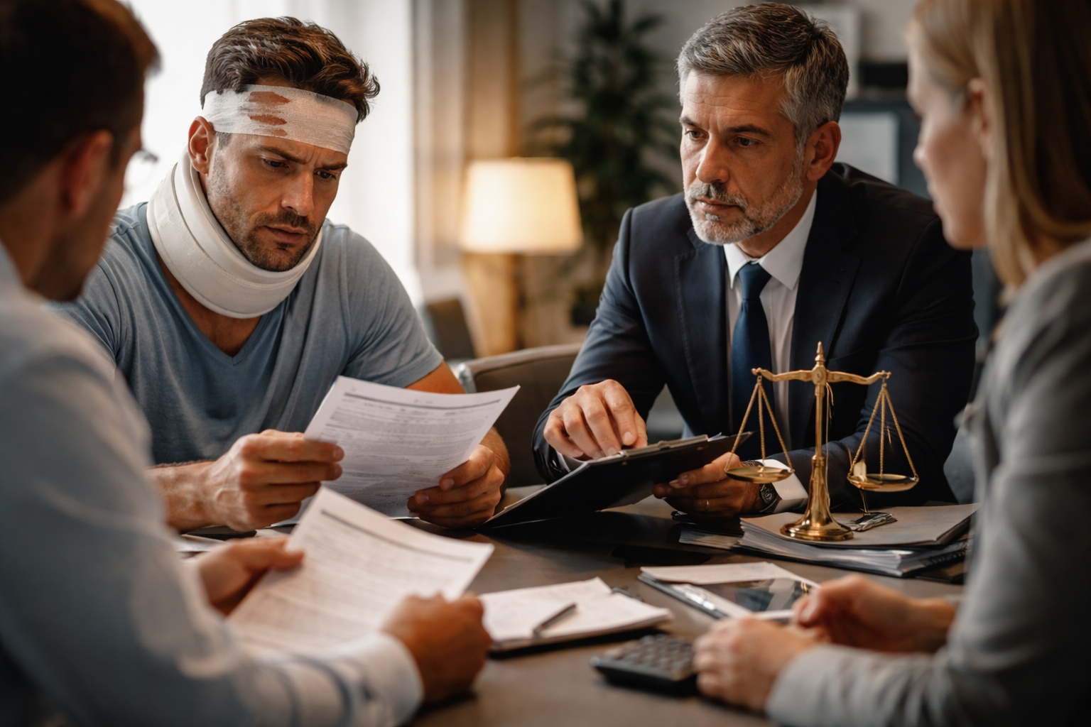 Injured client reviewing legal documents with a lawyer during a consultation.