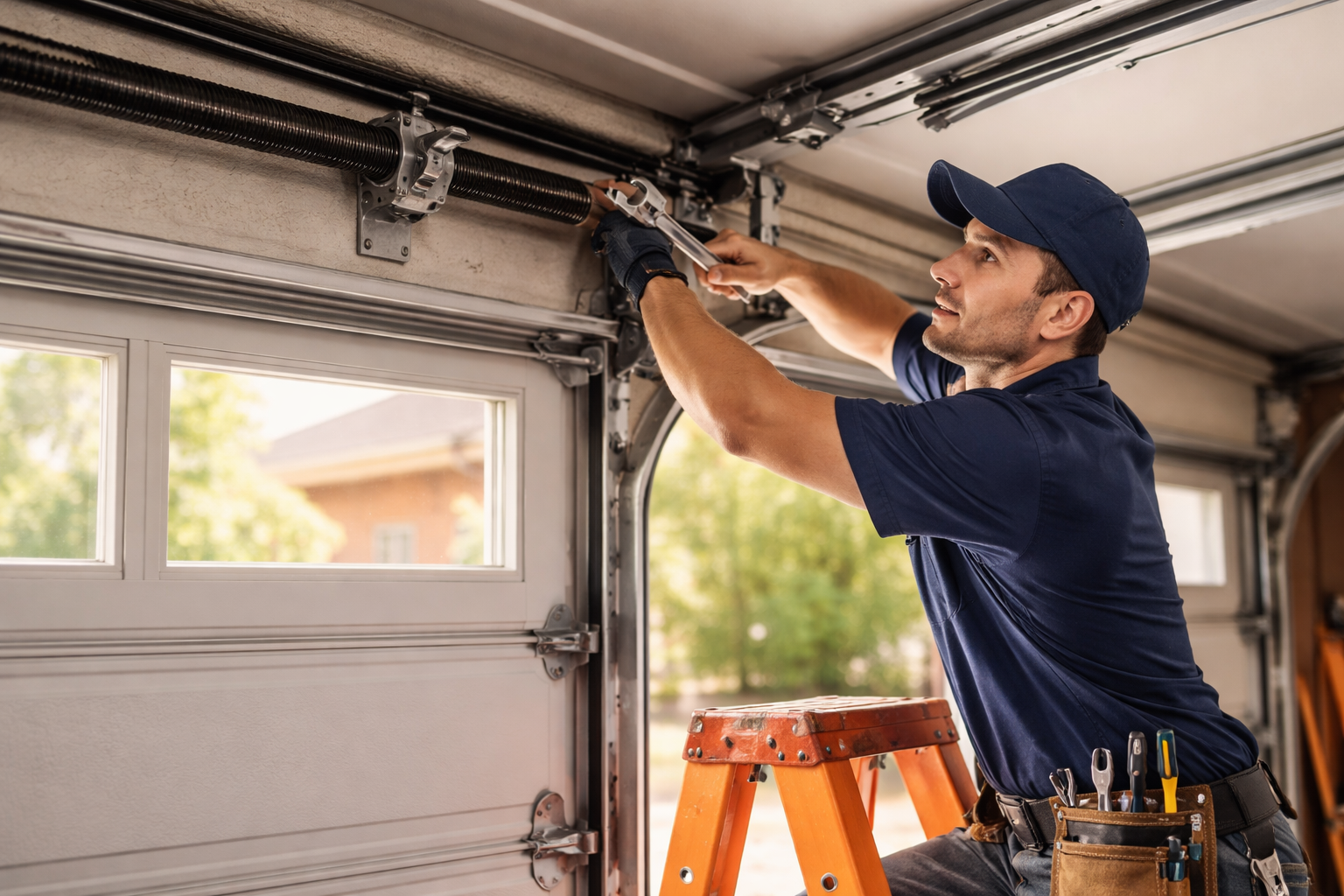 A professional technician wearing a cap and tool belt, standing on an orange stepladder and using a wrench to adjust the torsion spring mechanism above a white garage door with windows.