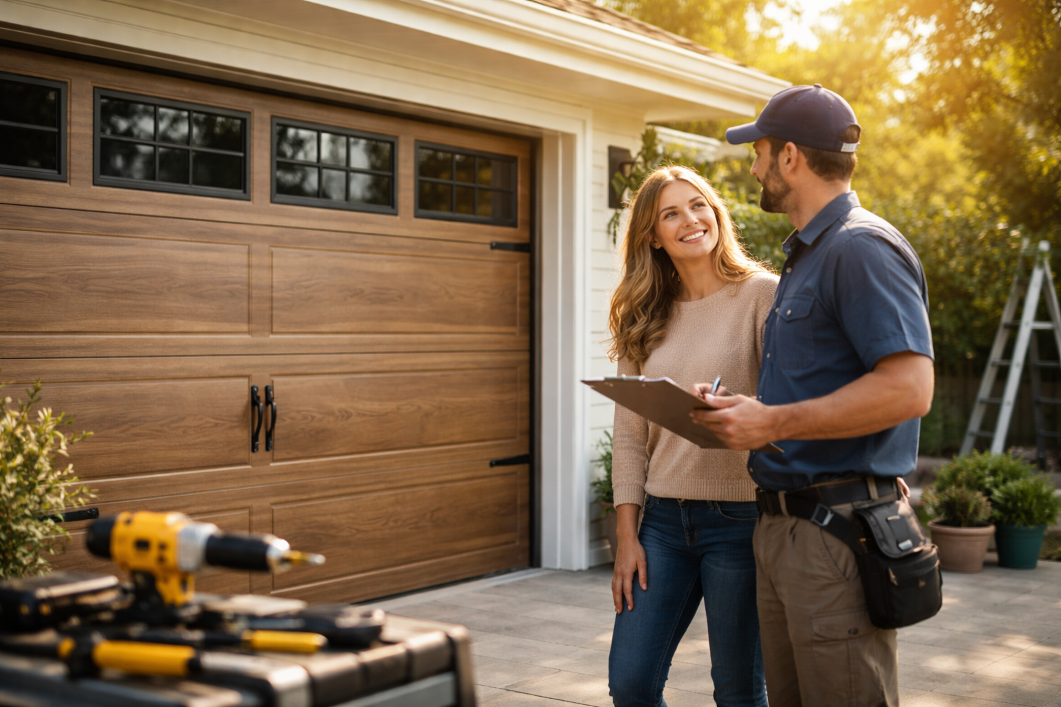 A smiling woman with a clipboard talking to a technician in front of a wood-grain garage door.