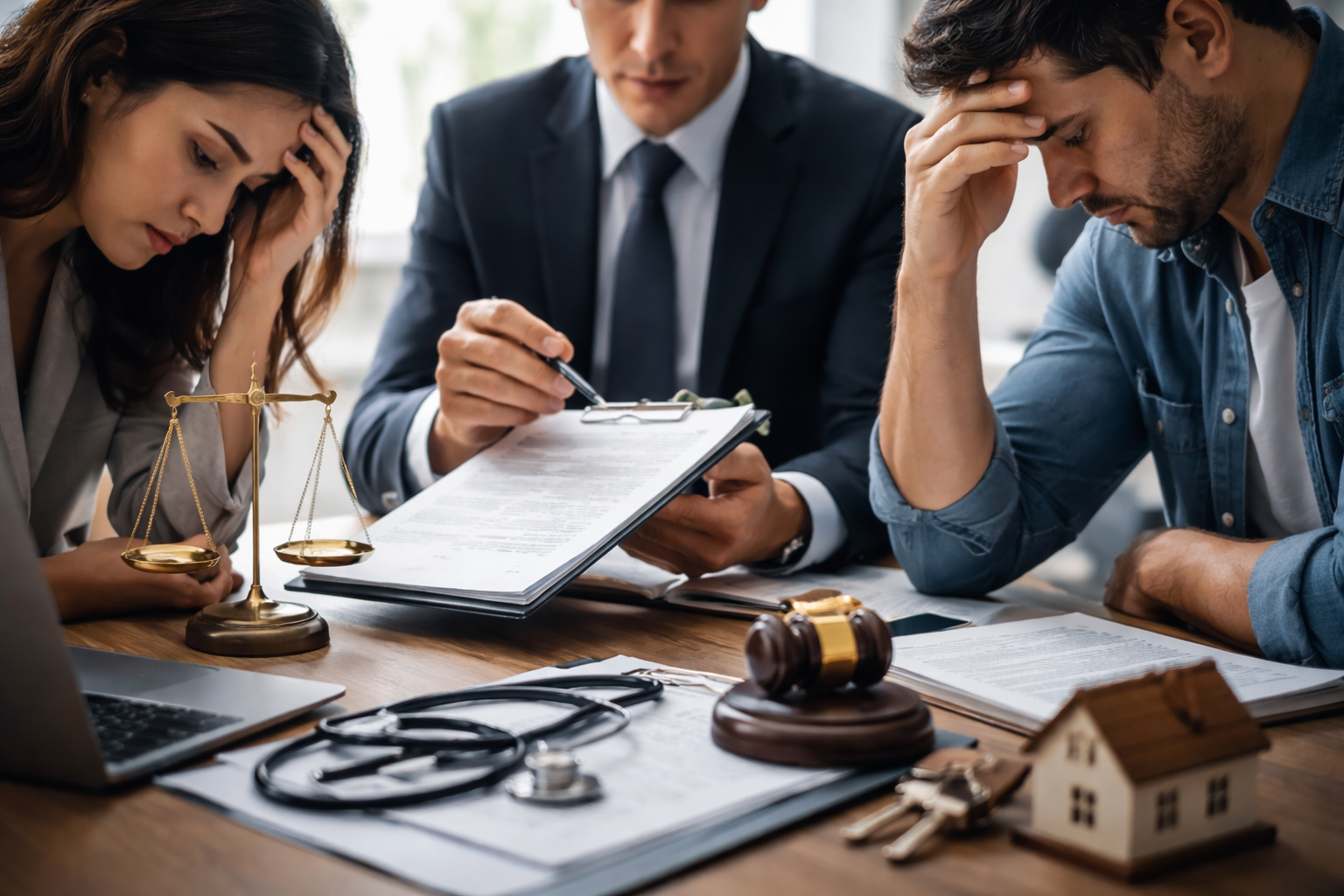 A lawyer presents a document to a distressed couple sitting with their heads in their hands, with symbolic items including a stethoscope, gavel, scales of justice, and a miniature house scattered on the desk.
