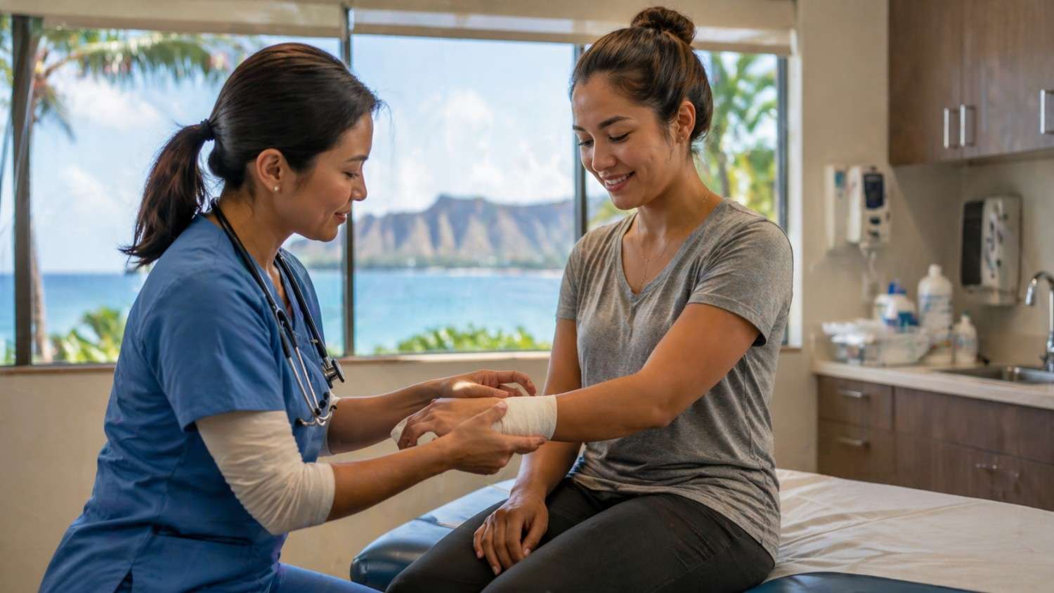 A healthcare professional is carefully wrapping a bandage around a woman’s forearm while she sits on an exam table. The patient appears calm and reassured, suggesting treatment of a minor injury or follow-up care in a clinic setting. The bright room with a scenic window view gives a clean, comfortable medical environment.