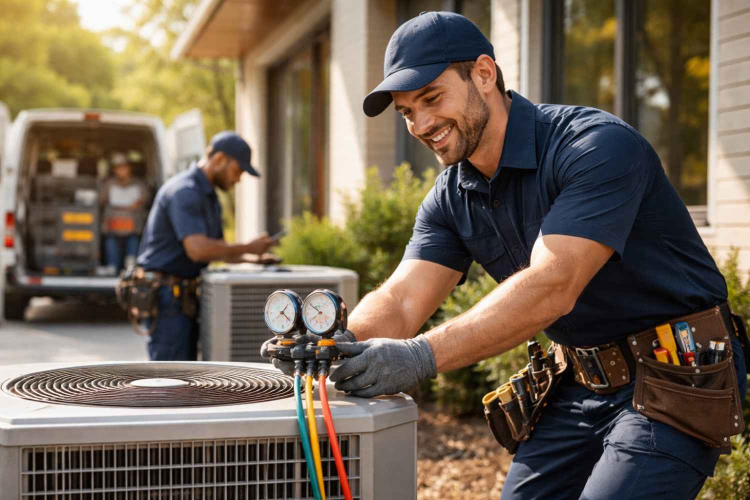A smiling HVAC technician in a blue uniform, cap, and gloves uses a manifold gauge with colored hoses to service an outdoor air conditioning condenser unit, while a second technician works near an open white work van in the sunlit background