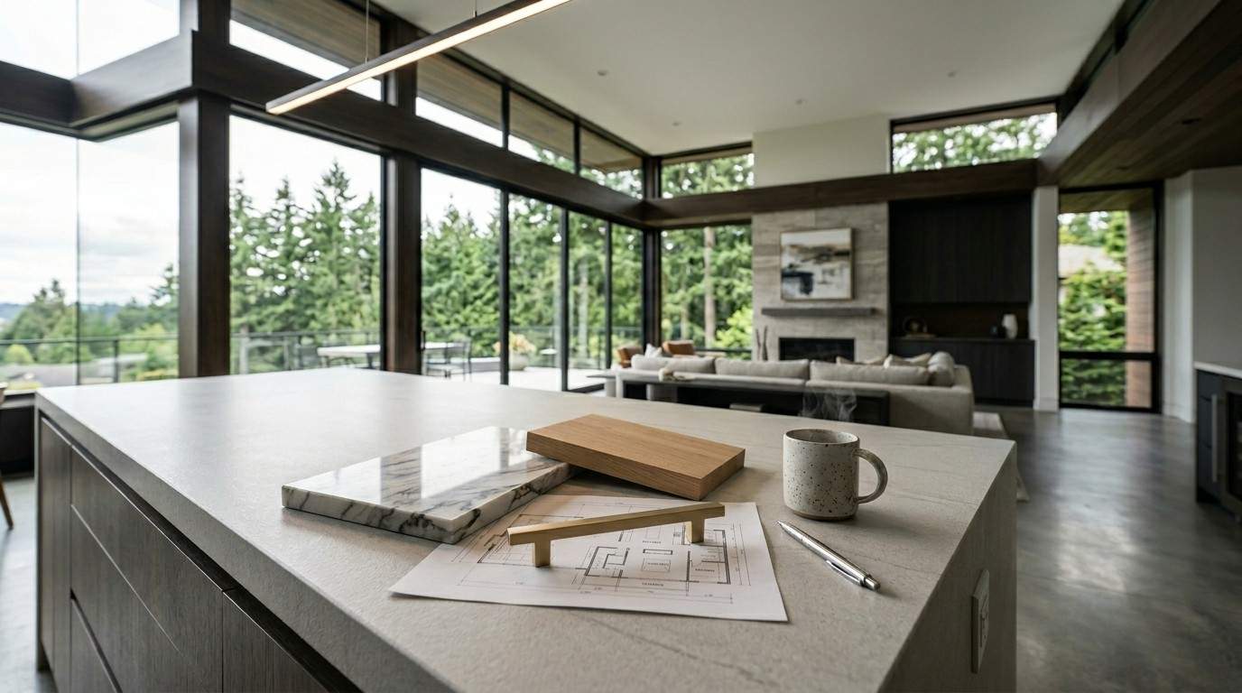 Luxury home remodel plans and material samples on a modern kitchen island.